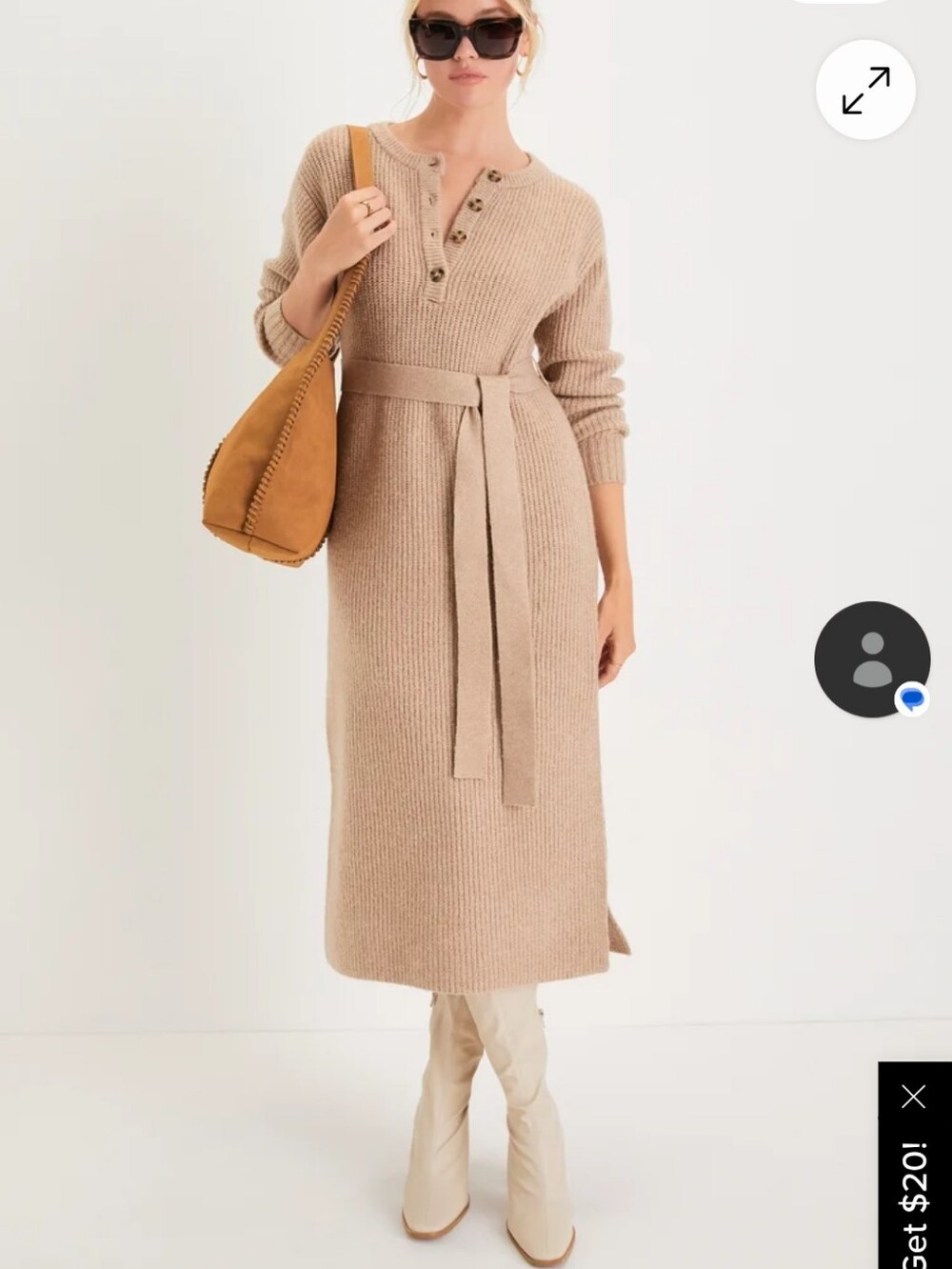 Lulu's Beige Henley Knit Midi Dress with Self Tie Belt